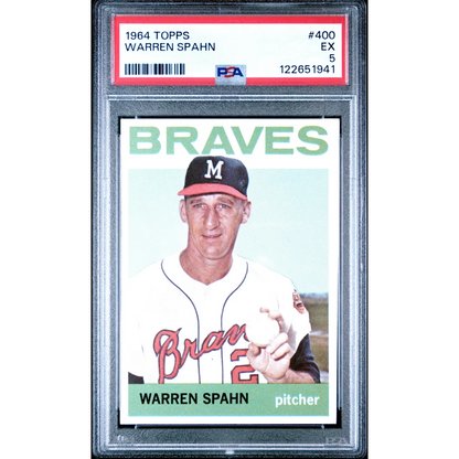 PSA graded 1964 Topps Warren Spahn card, EX 5 in holder