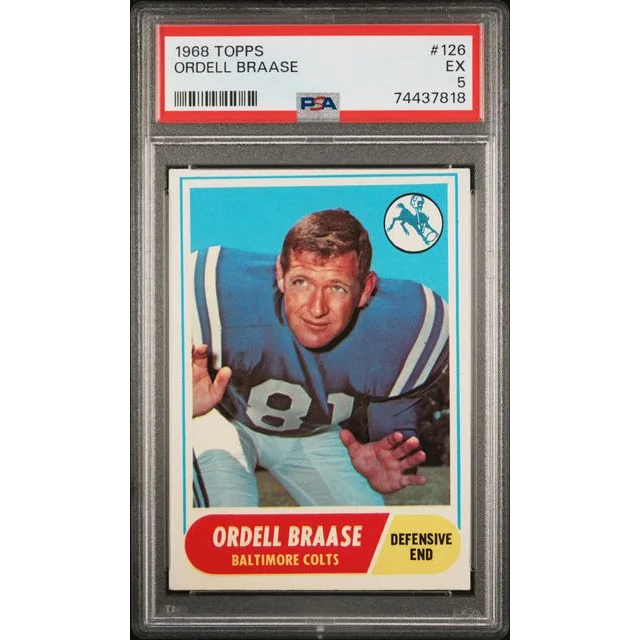 Graded 1968 Topps Ordell Braase football card in PSA case, vintage sports collectible