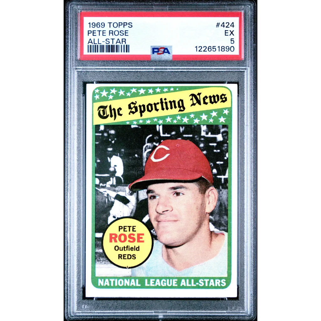 PSA graded 1969 Topps Pete Rose All-Star card #424, red cap uniform