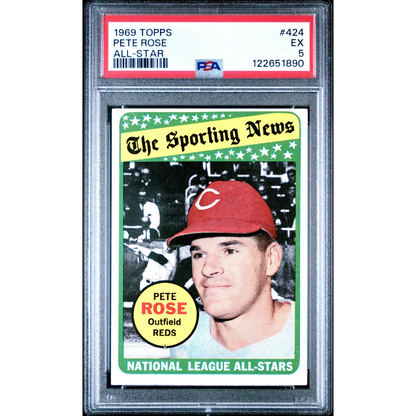 PSA graded 1969 Topps Pete Rose All-Star card #424, red cap uniform