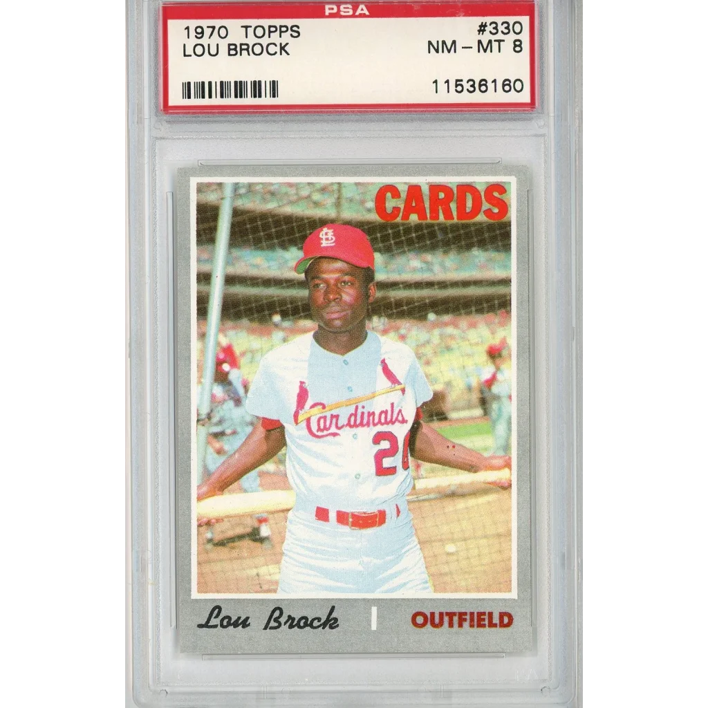 PSA graded 1970 Topps Lou Brock baseball card NM MT 8 displayed in product image