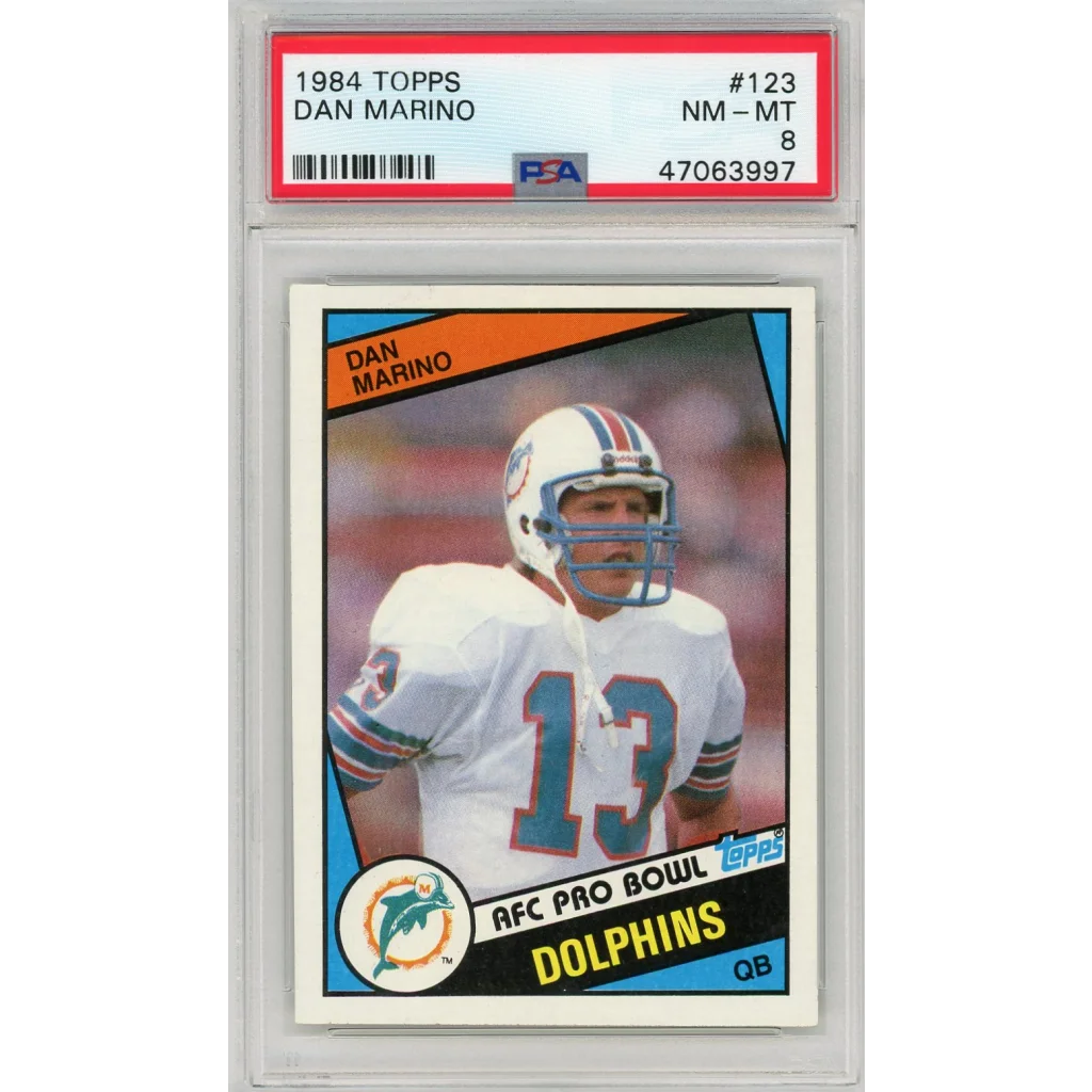 PSA graded 1984 Topps Dan Marino rookie card, Dolphins QB in white uniform