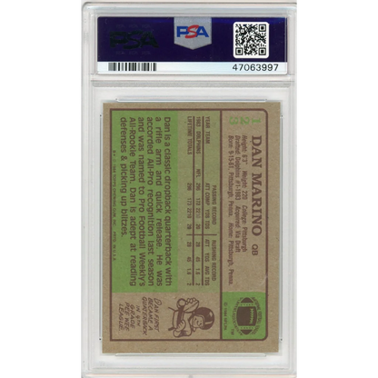 PSA graded 1984 Topps Dan Marino rookie card, Miami Dolphins, green white design