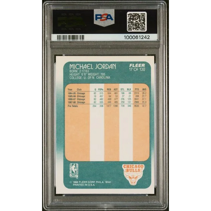 PSA graded 1986 Fleer Michael Jordan rookie card in orange teal design