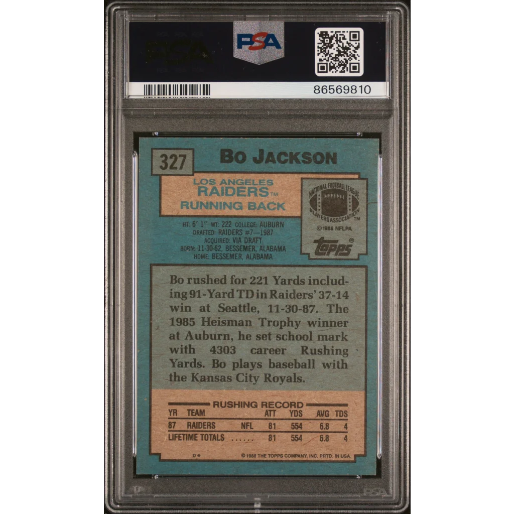 1986 Topps Bo Jackson Rookie Football Card PSA Graded #327 on display
