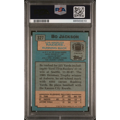 1986 Topps Bo Jackson Rookie Football Card PSA Graded #327 on display