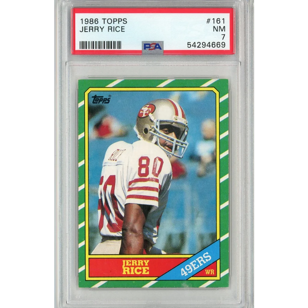 1986 Topps Jerry Rice football card with green and yellow border in PSA graded 1987 rookie card
