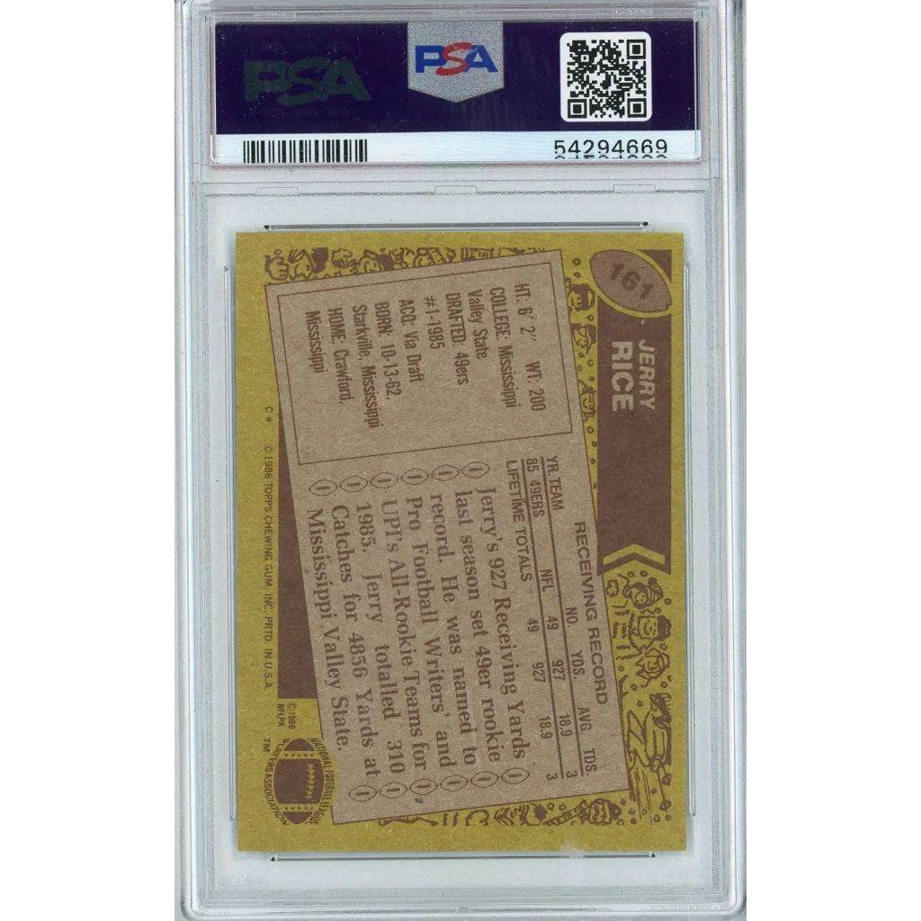 1987 Topps Jerry Rice Rookie Card in protective sleeve for PSA graded display