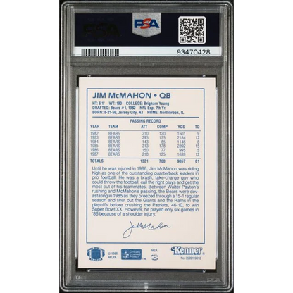 A graded 1988 Kenner Jim McMahon Starting Lineup Football Card in PSA holder