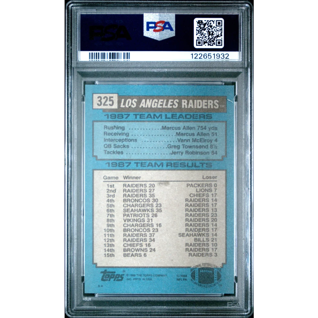 PSA graded 1988 Topps Bo Jackson Raiders team leaders card