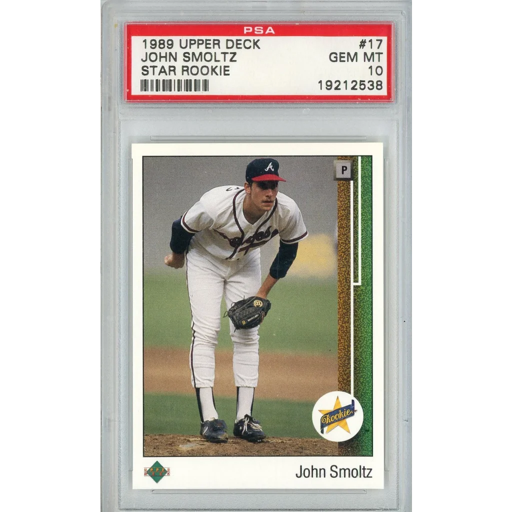 Graded 1989 Upper Deck John Smoltz Star Rookie baseball card in PSA case