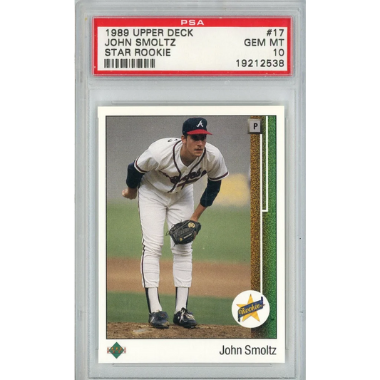 Graded 1989 Upper Deck John Smoltz Star Rookie baseball card in PSA case