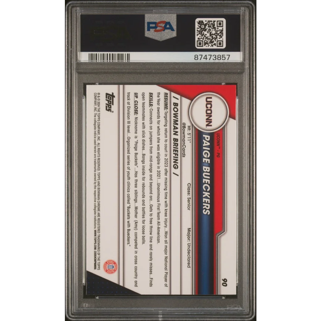 90 Topps baseball card with red, white, and blue design in PSA graded 2023 Bowman Paige Bueckers collection