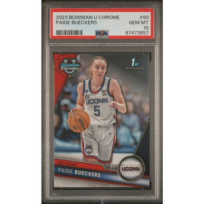 2023 Bowman Paige Bueckers basketball card in PSA graded 1990 Topps Baseball set