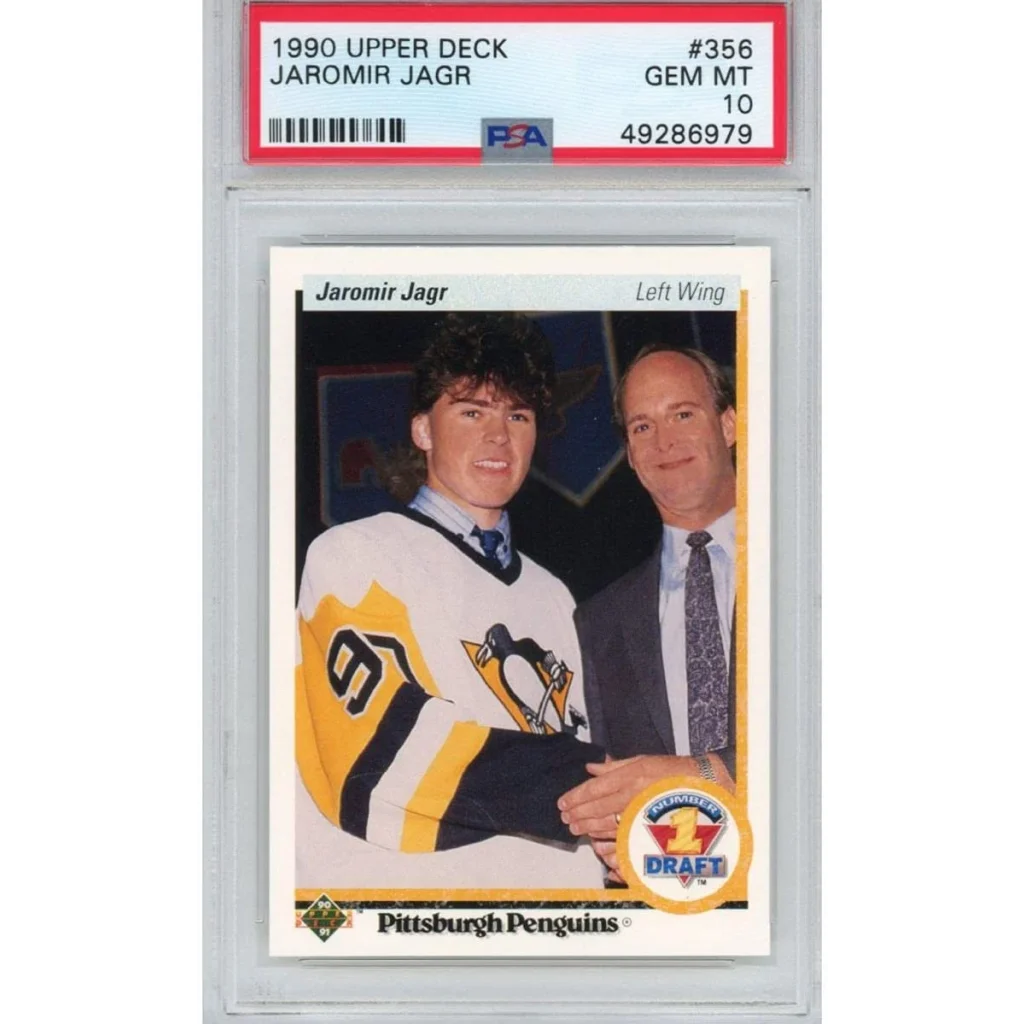 Graded 1990 Upper Deck Jaromir Jagr Rookie Card in PSA holder showing detail
