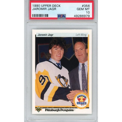 Graded 1990 Upper Deck Jaromir Jagr Rookie Card in PSA holder showing detail