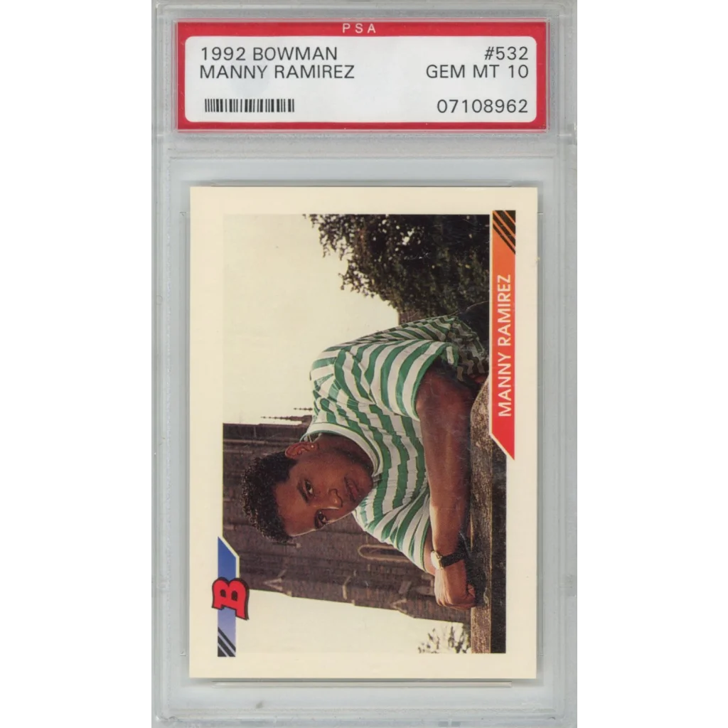 PSA graded 1992 Bowman Manny Ramirez rookie baseball card on display