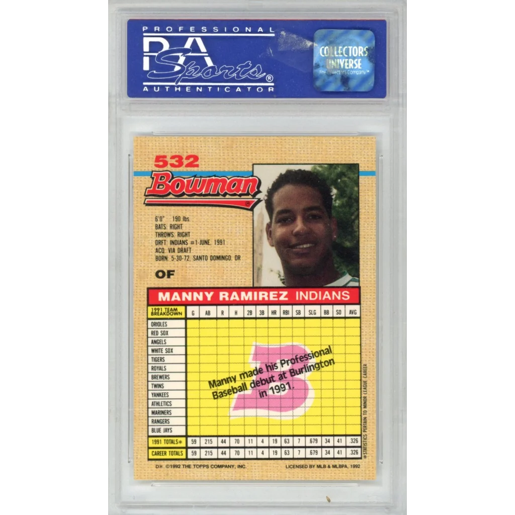 Graded 1992 Bowman Manny Ramirez Rookie Card in PSA holder, perfect for collectors