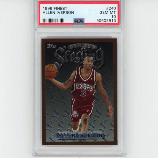 PSA-graded 1996 Topps Finest Allen Iverson rookie basketball card on display