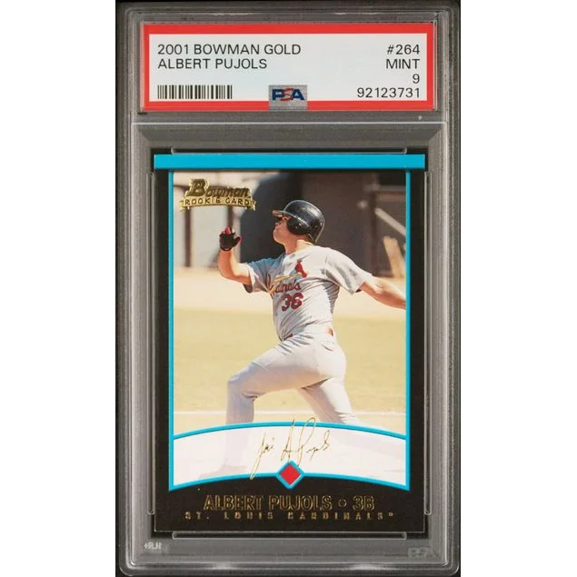 Graded 2001 Bowman Gold Albert Pujols rookie baseball card in PSA case