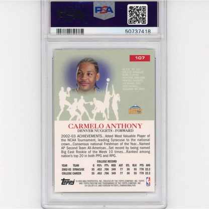 A graded 2003 Topps Pristine Carmelo Anthony Rookie Card in PSA holder