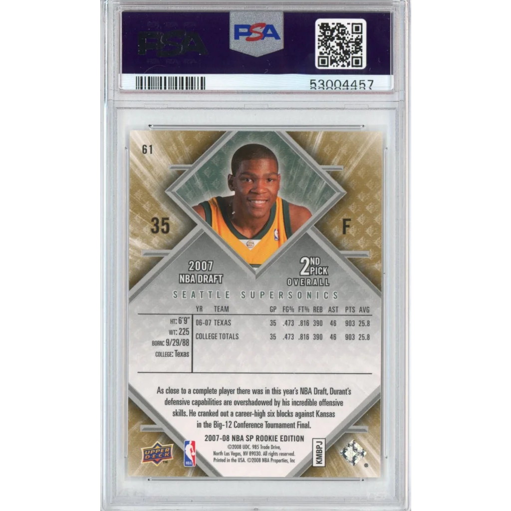 High-quality PSA graded 2007-08 Kevin Durant SP Rookie Edition basketball card display