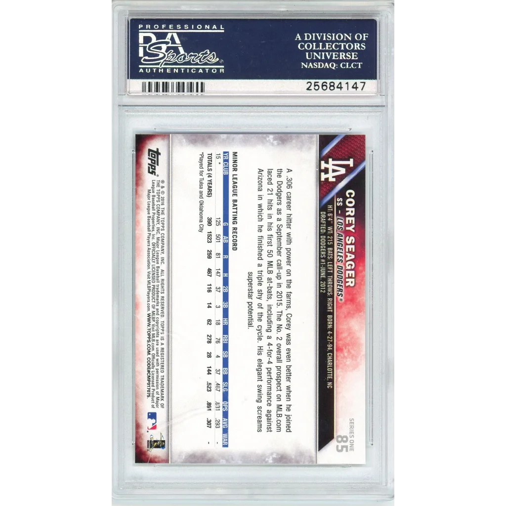 Graded Corey Seager 2016 Topps Rookie Card PSA Gem front view