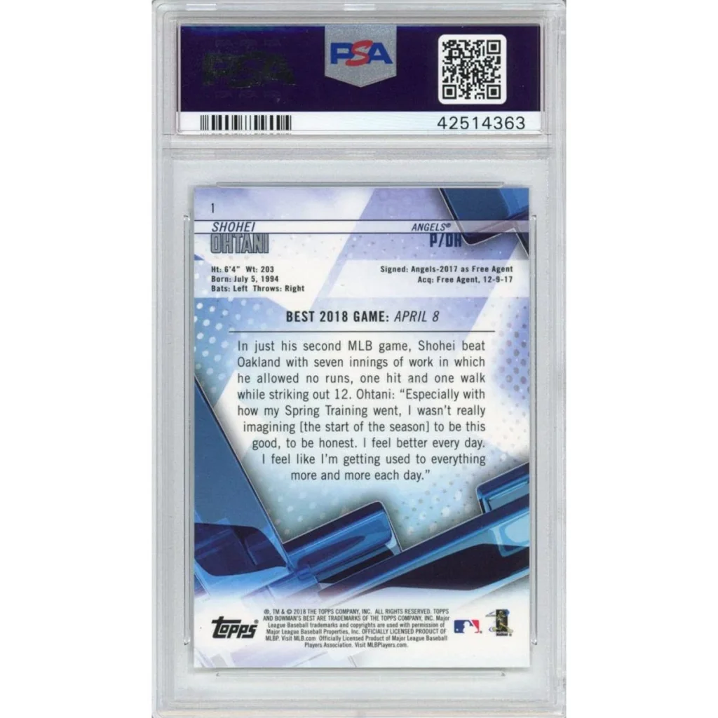 PSA graded 2018 Bowman’s Best Shohei Ohtani rookie card with blue white design