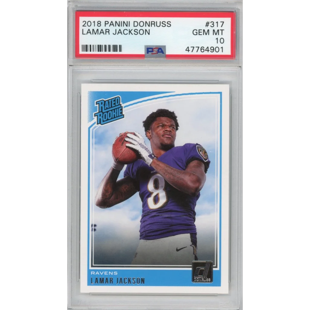 PSA graded 2018 Panini Donruss Lamar Jackson rated rookie card in purple uniform