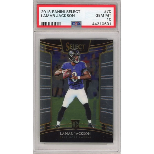 Graded 2018 Panini Select Lamar Jackson Rookie Card in PSA case