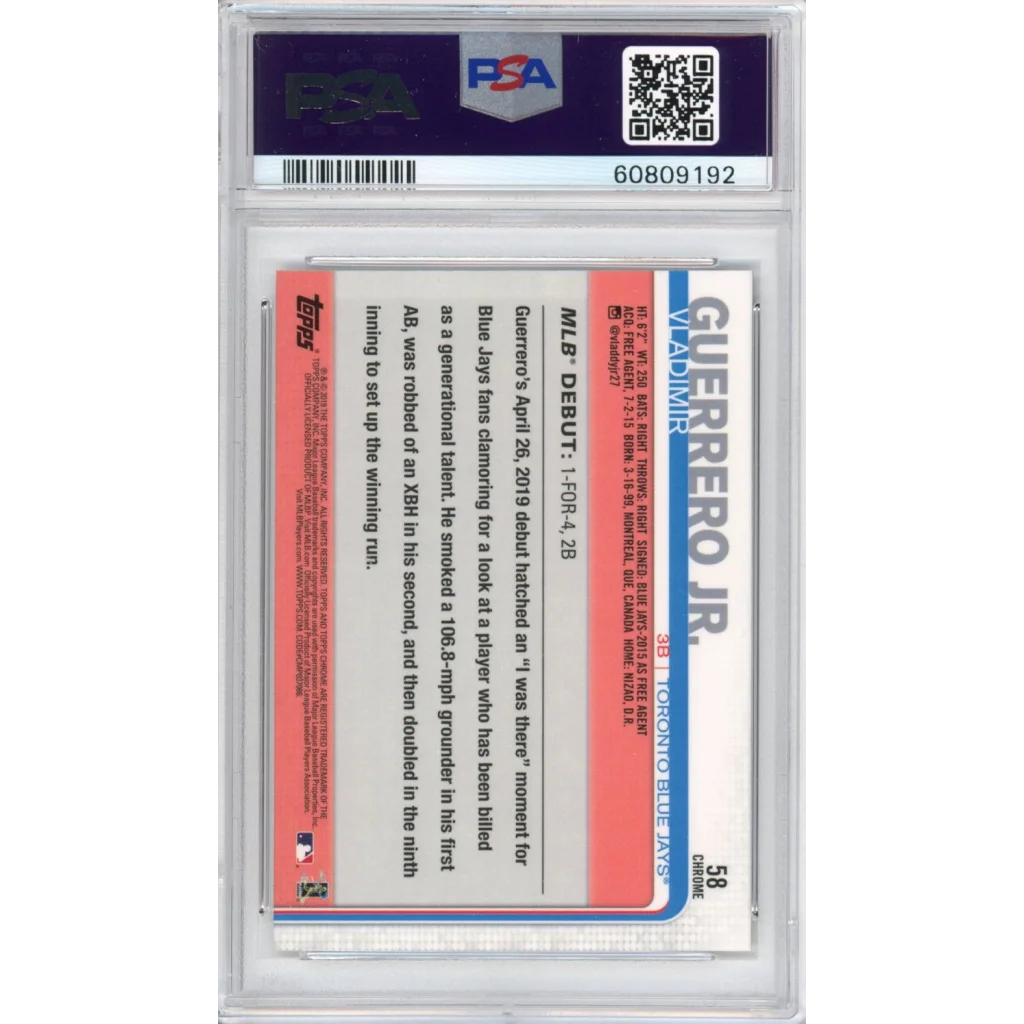 PSA graded 2019 Topps Chrome Vladimir Guerrero Jr rookie card in purple white design