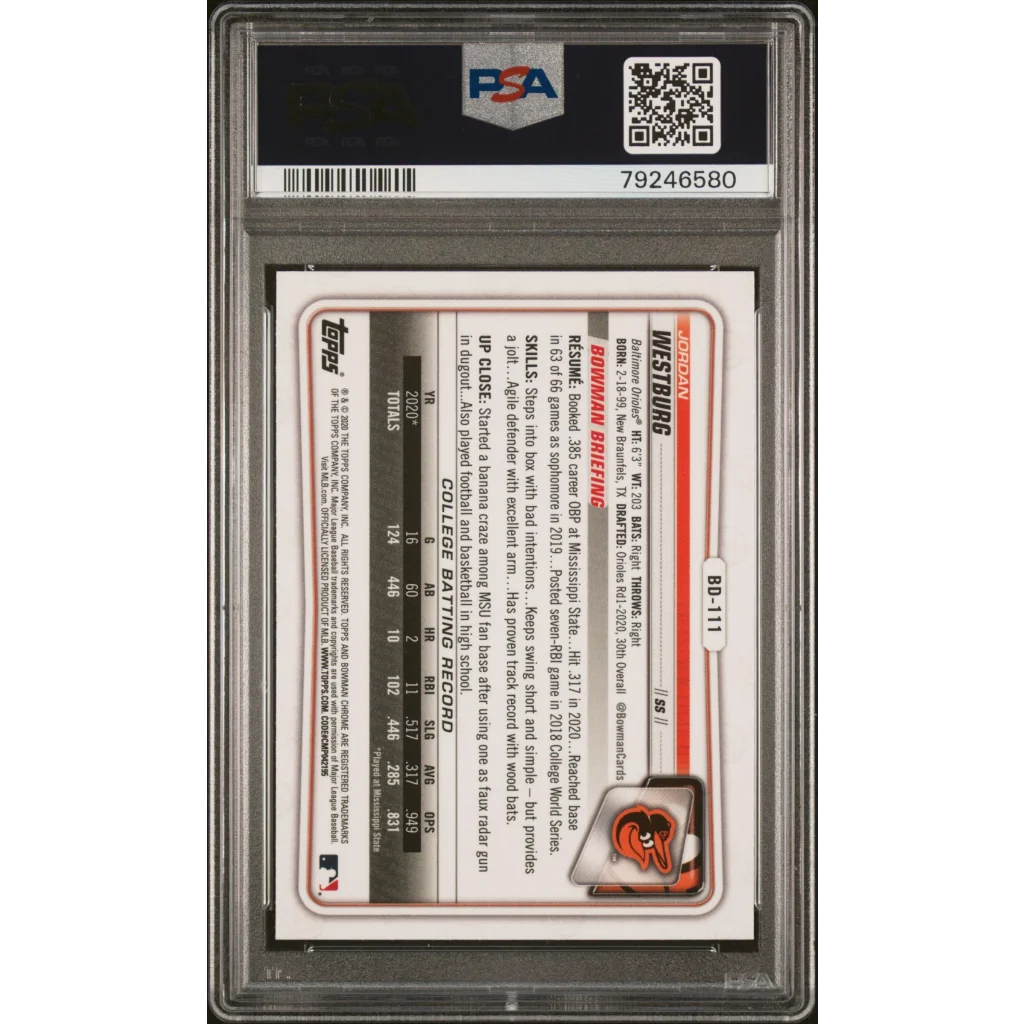 PSA graded 2020 Bowman Draft Jordan Westburg Chrome baseball card in protective slab