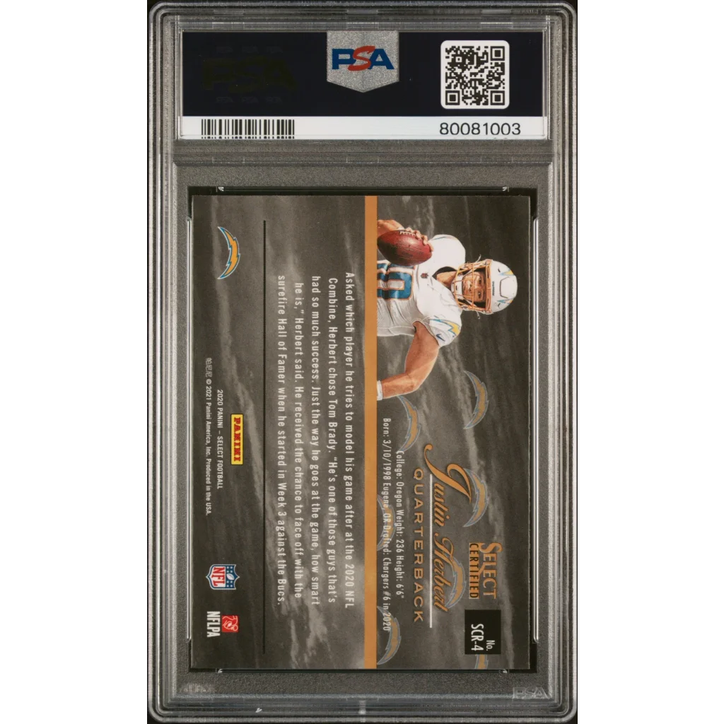 PSA graded 2020 Panini Select Justin Herbert rookie card in gold with black white action design