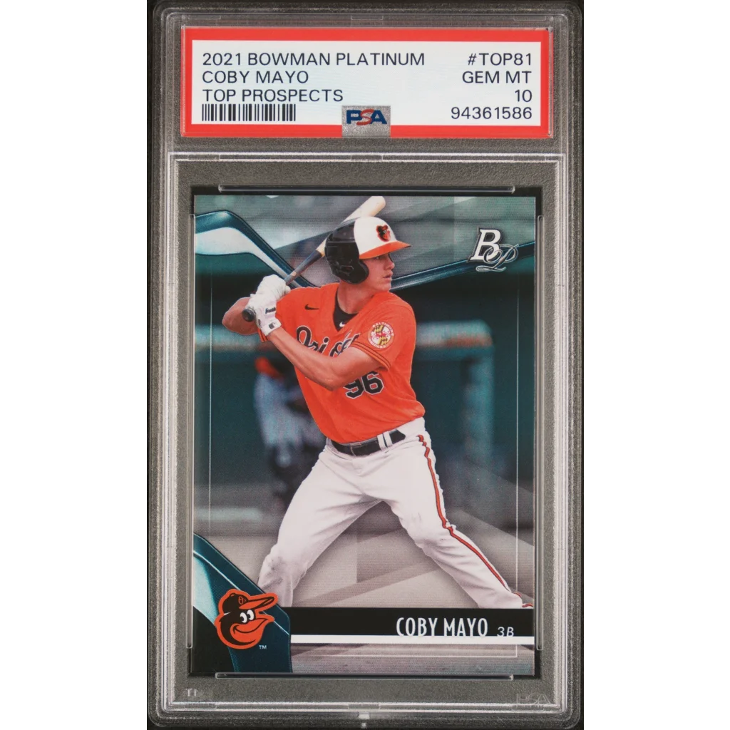 PSA Graded 2021 Bowman Platinum Coby Mayo baseball card on display