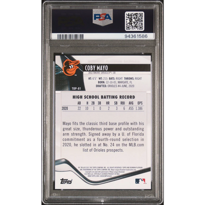 PSA Graded 2021 Bowman Platinum Coby Mayo Baseball Card showing graded trading card