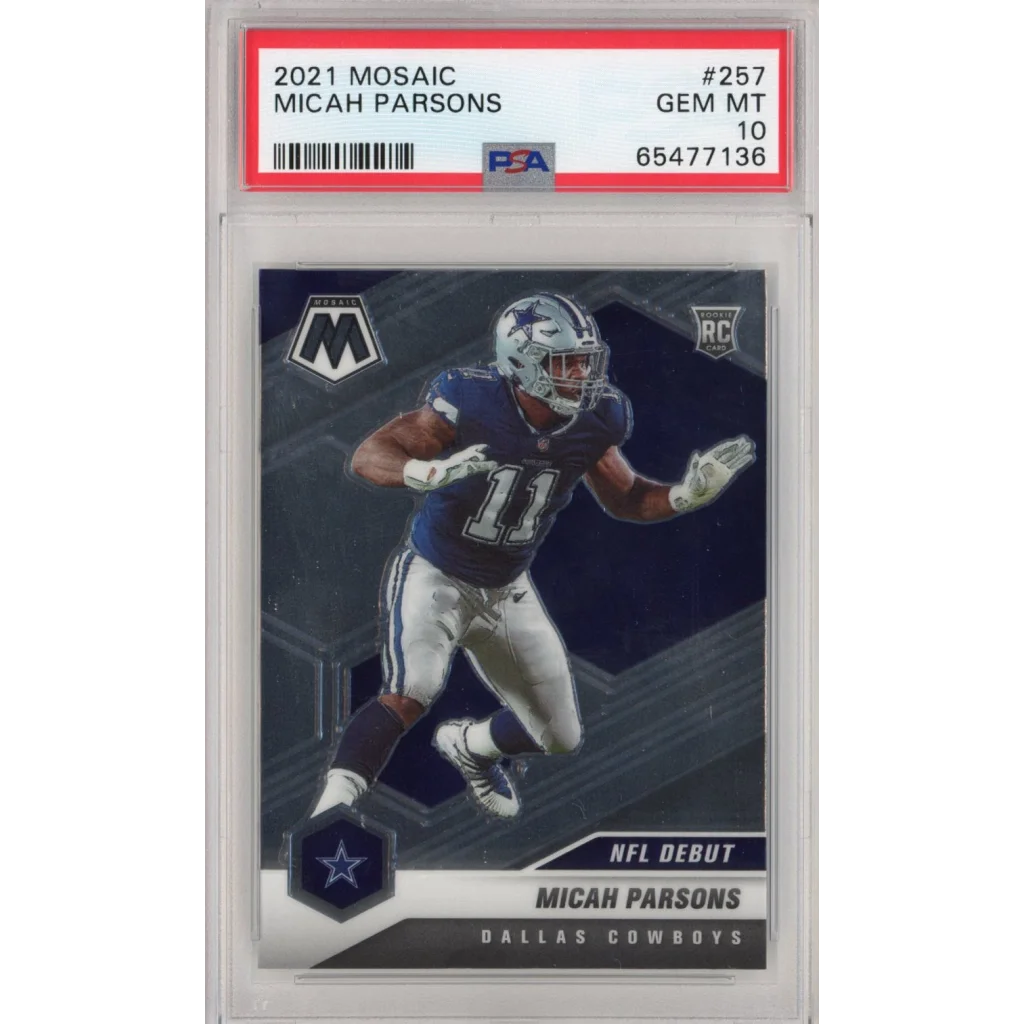 Graded 2021 Mosaic Micah Parsons Rookie Card football trading card in PSA case