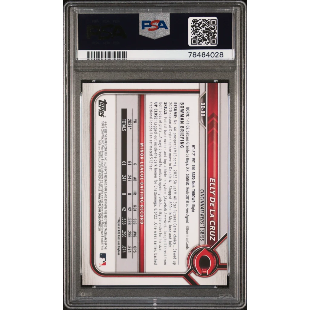 PSA graded 2022 Bowman Draft Elly De La Cruz baseball card on display