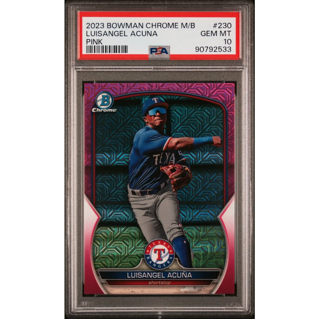 Graded 2023 Bowman Chrome Pink Luisangel Acuna baseball card in PSA case