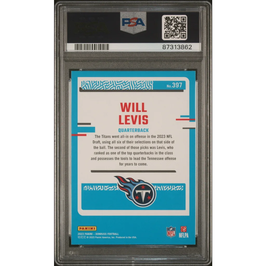 PSA Graded 2023 Donruss Will Levis football trading card on display