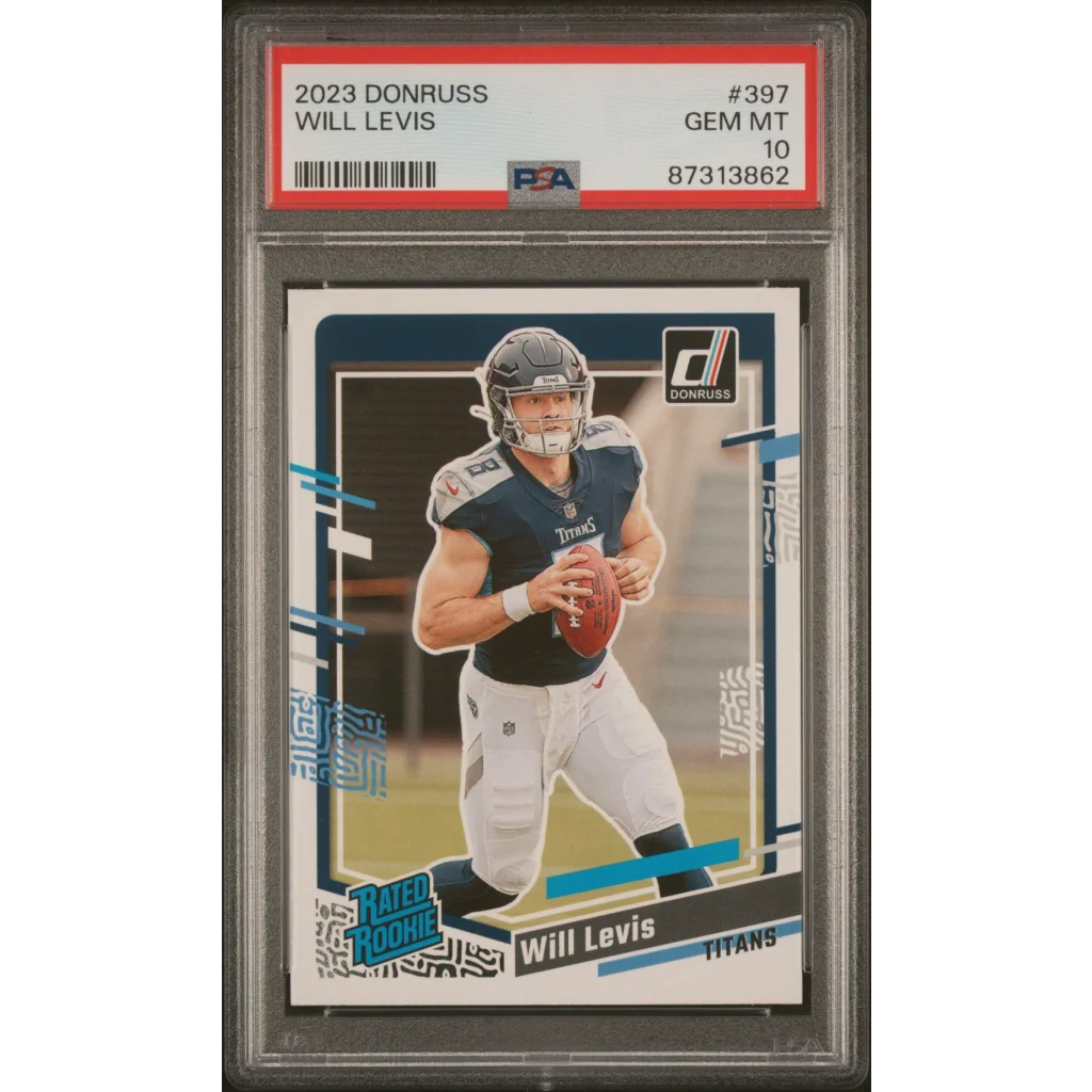 A graded 2023 Donruss Will Levis football trading card in PSA case