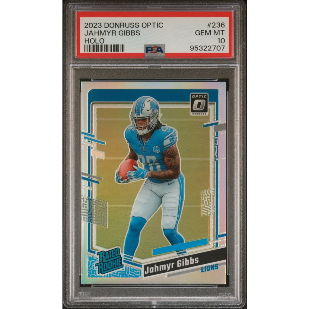 PSA Graded 2023 Donruss Optic Jahmyr Gibbs Holo Football Card in product display