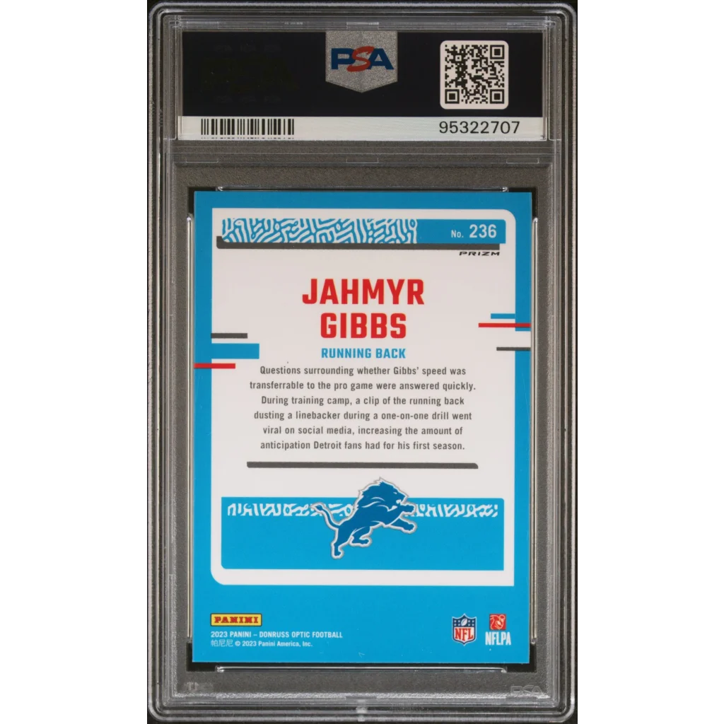 PSA graded 2023 Donruss Optic Jahmyr Gibbs holo football card image
