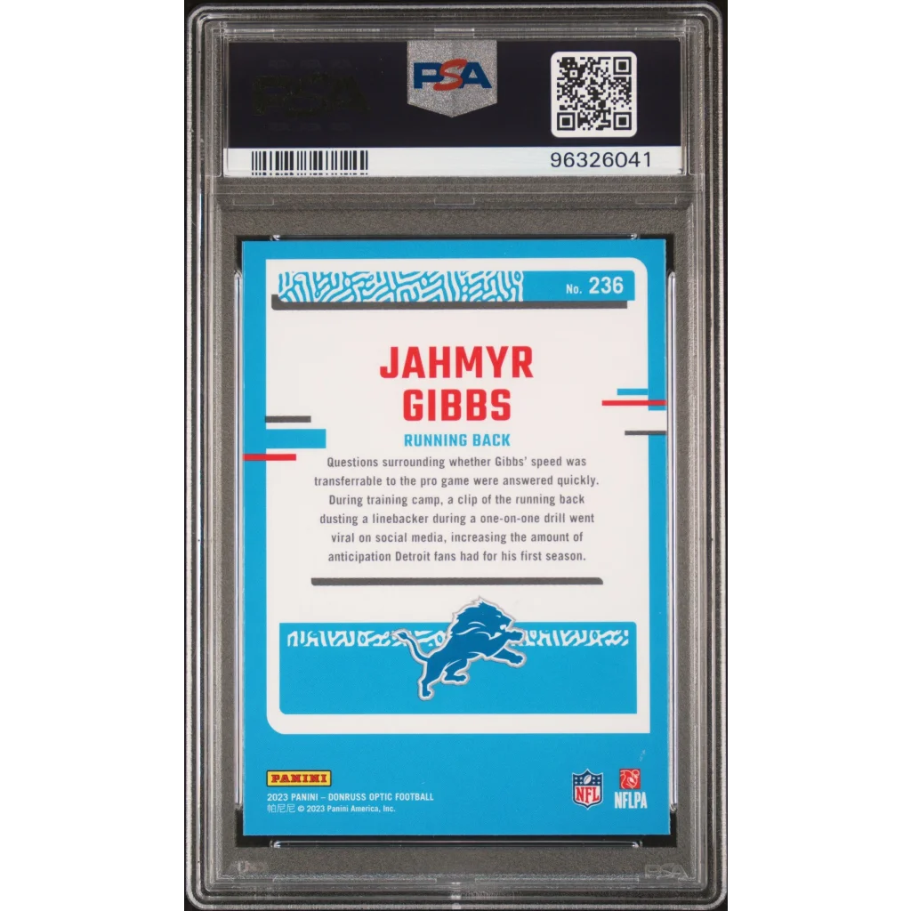 PSA Graded 2023 Donruss Optic Jahmyr Gibbs Rookie Card in protective case