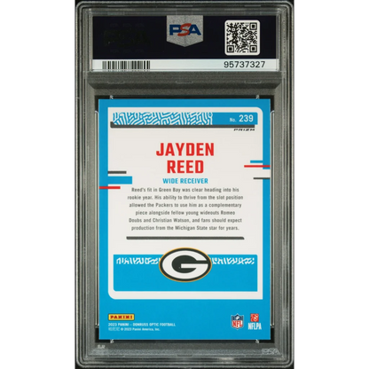PSA Graded 2023 Donruss Optic Jayden Reed Purple Shock Football Card on display