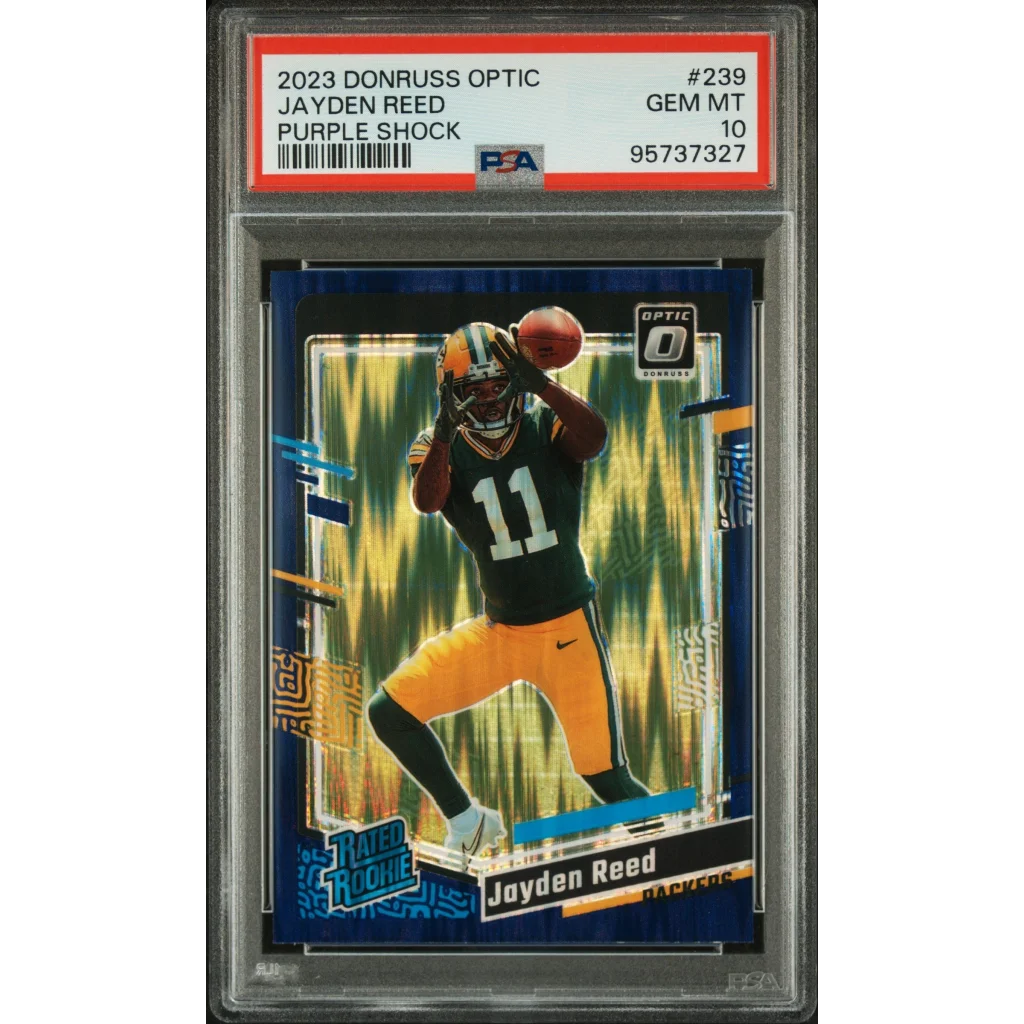 PSA Graded 2023 Donruss Optic Jayden Reed Purple Shock Football Card