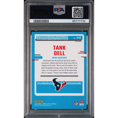 PSA Graded 2023 Donruss Optic Tank Dell Pink Football Card showing graded trading card