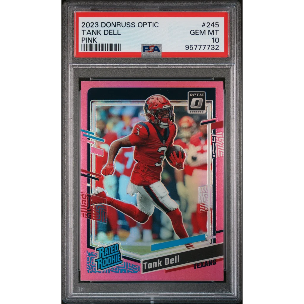 PSA Graded 2023 Donruss Optic Tank Dell Pink Football Card on display
