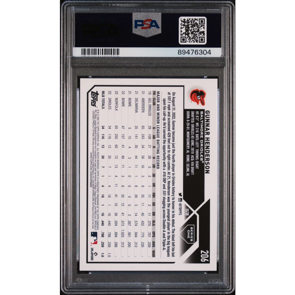 PSA graded 2023 Topps Gunnar Henderson baseball card on display