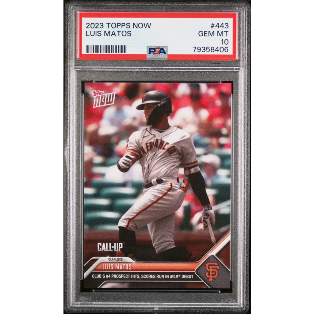PSA graded 2023 Topps Now Luis Matos baseball card on display
