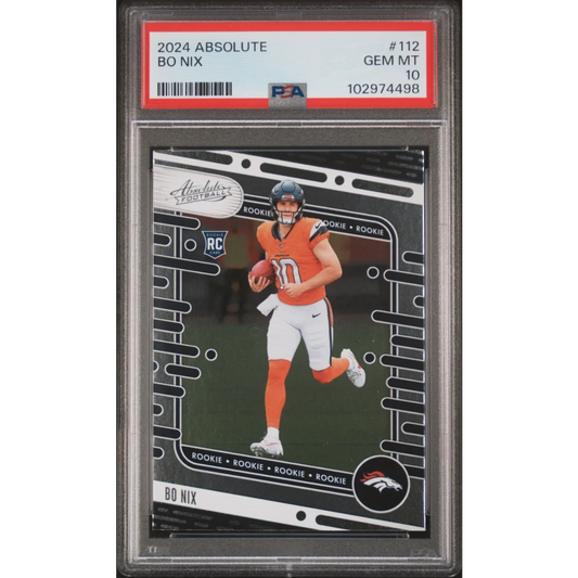 A graded 2024 Absolute Bo Nix rookie football card in PSA holder